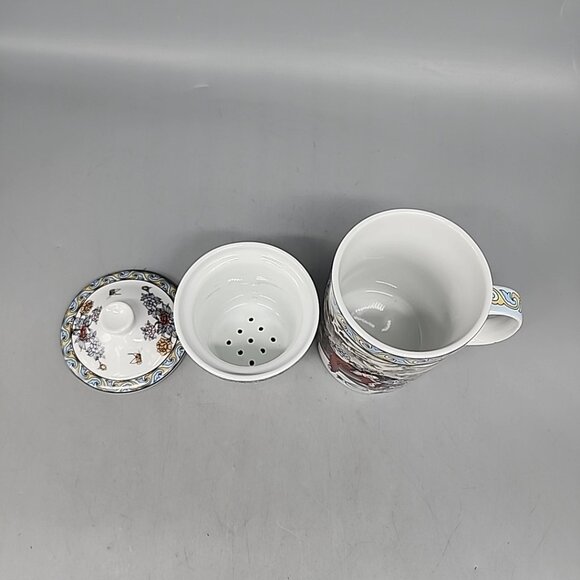 6" Asian Oriental 3 Piece Tea Infuser Mug w/Lid Ceramic Coffee Cup - Picture 3 of 5